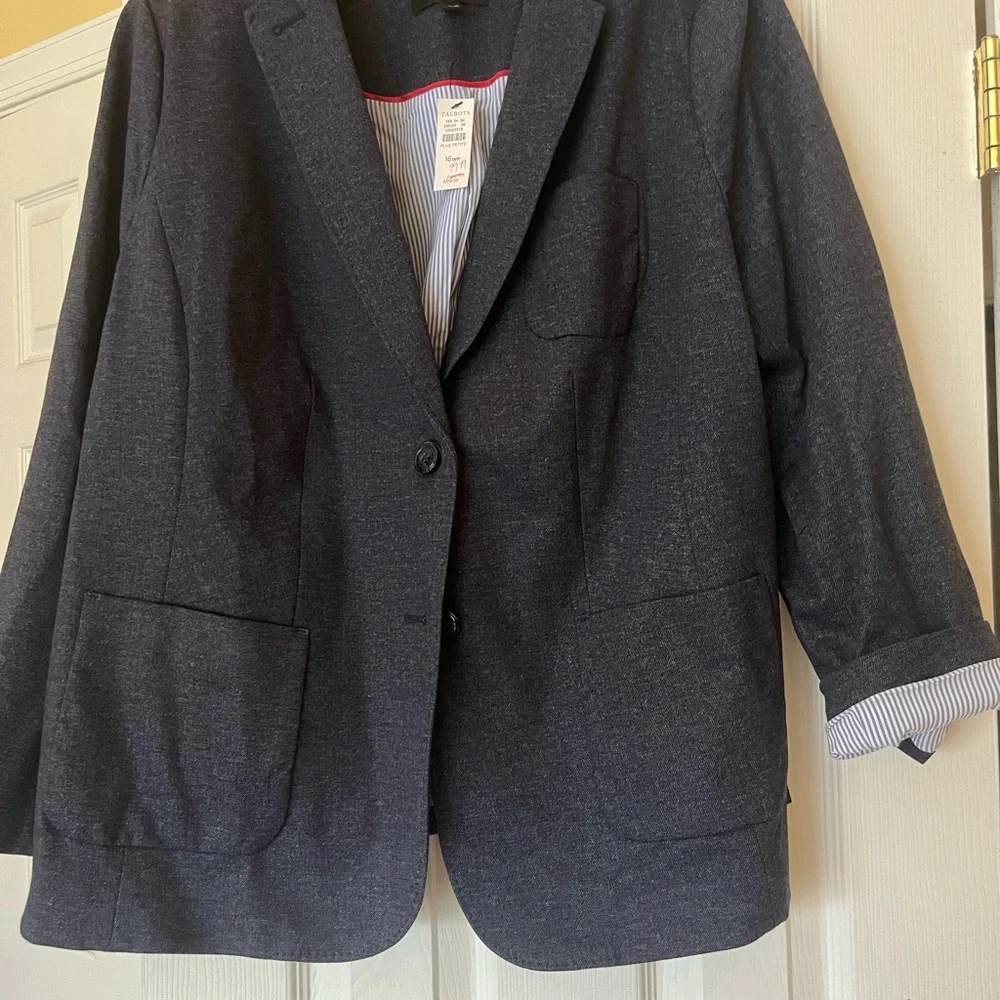 Talbots NWT Aberdeen blazer navy chambray fully lined w red pinstripe very sharp - Picture 2 of 5